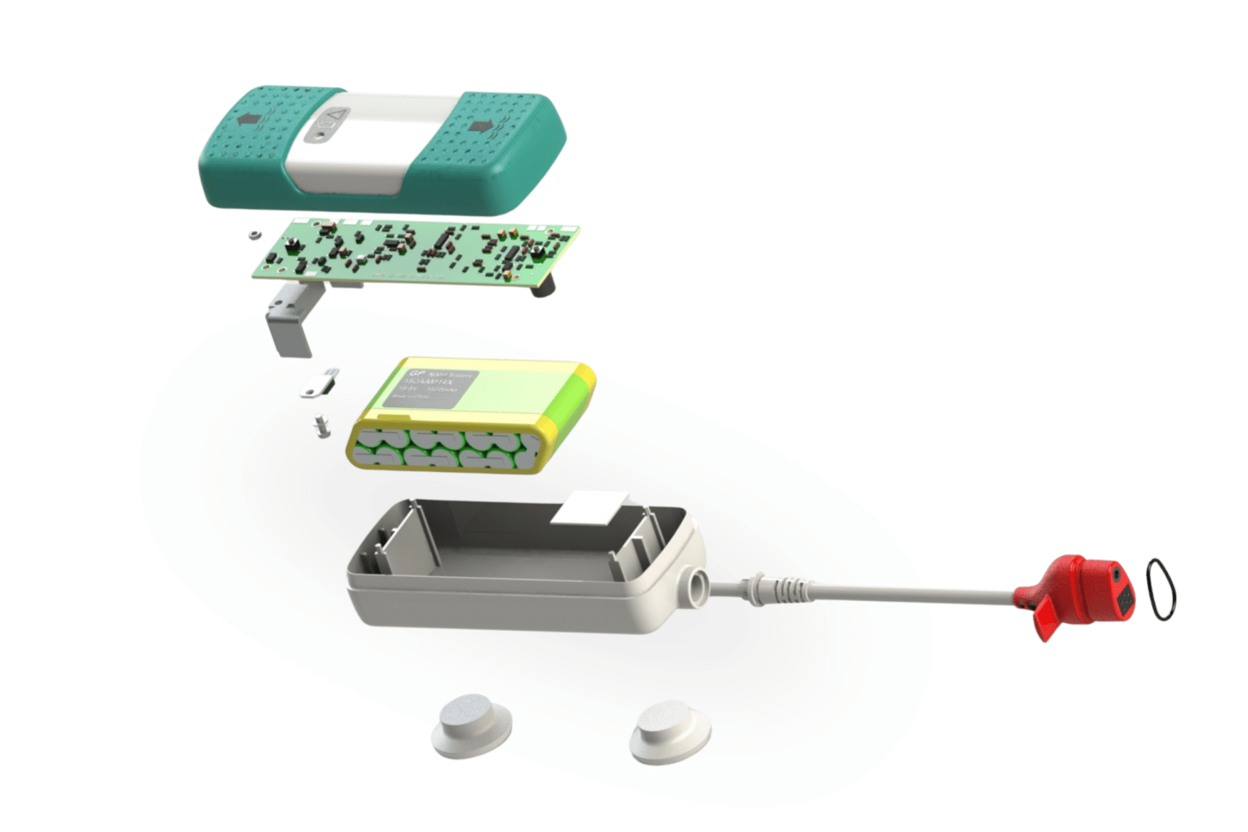 The different layers of a piece of equipment, including plastic casings and a circuit board.