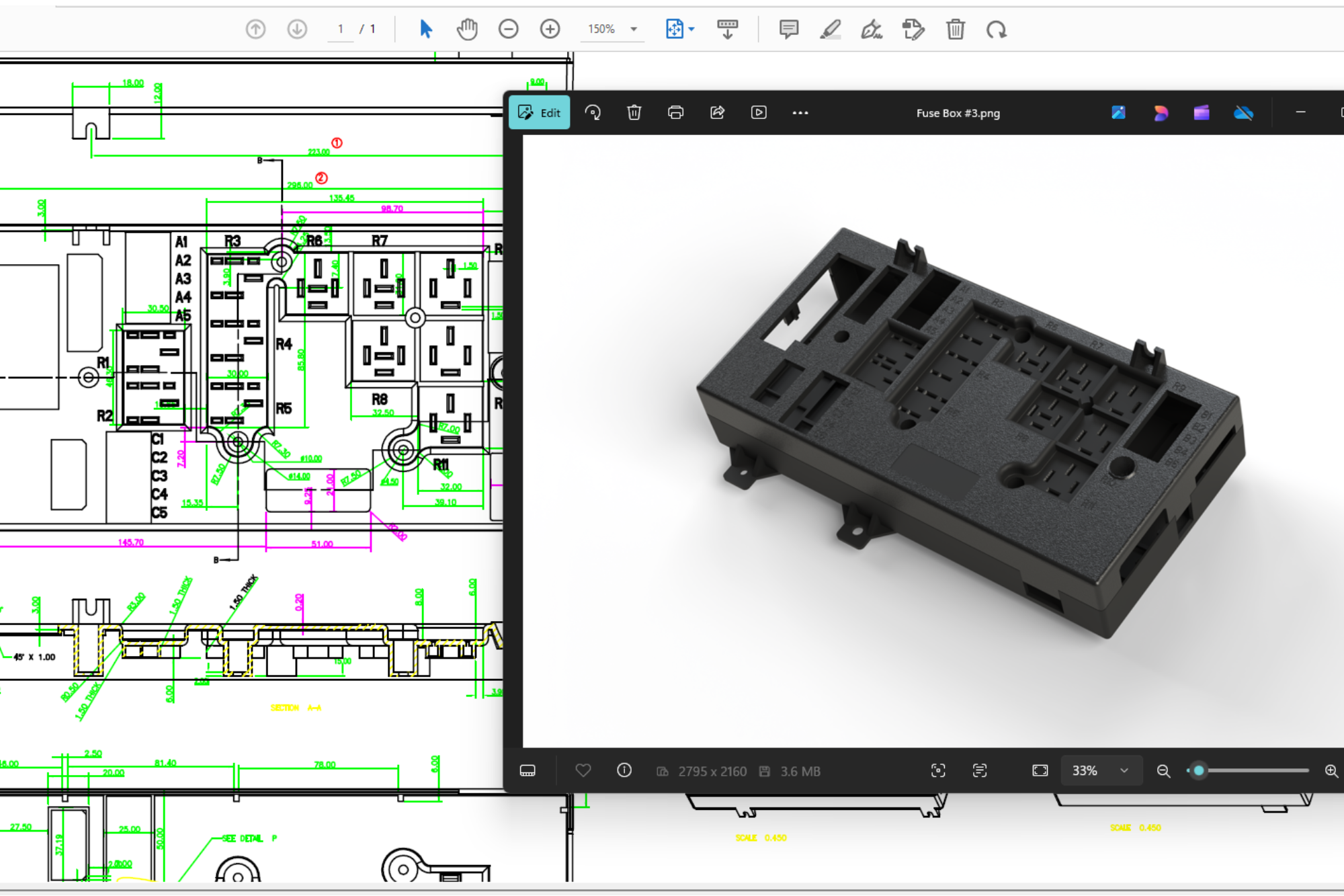 A CAD drawing of a fuse box.