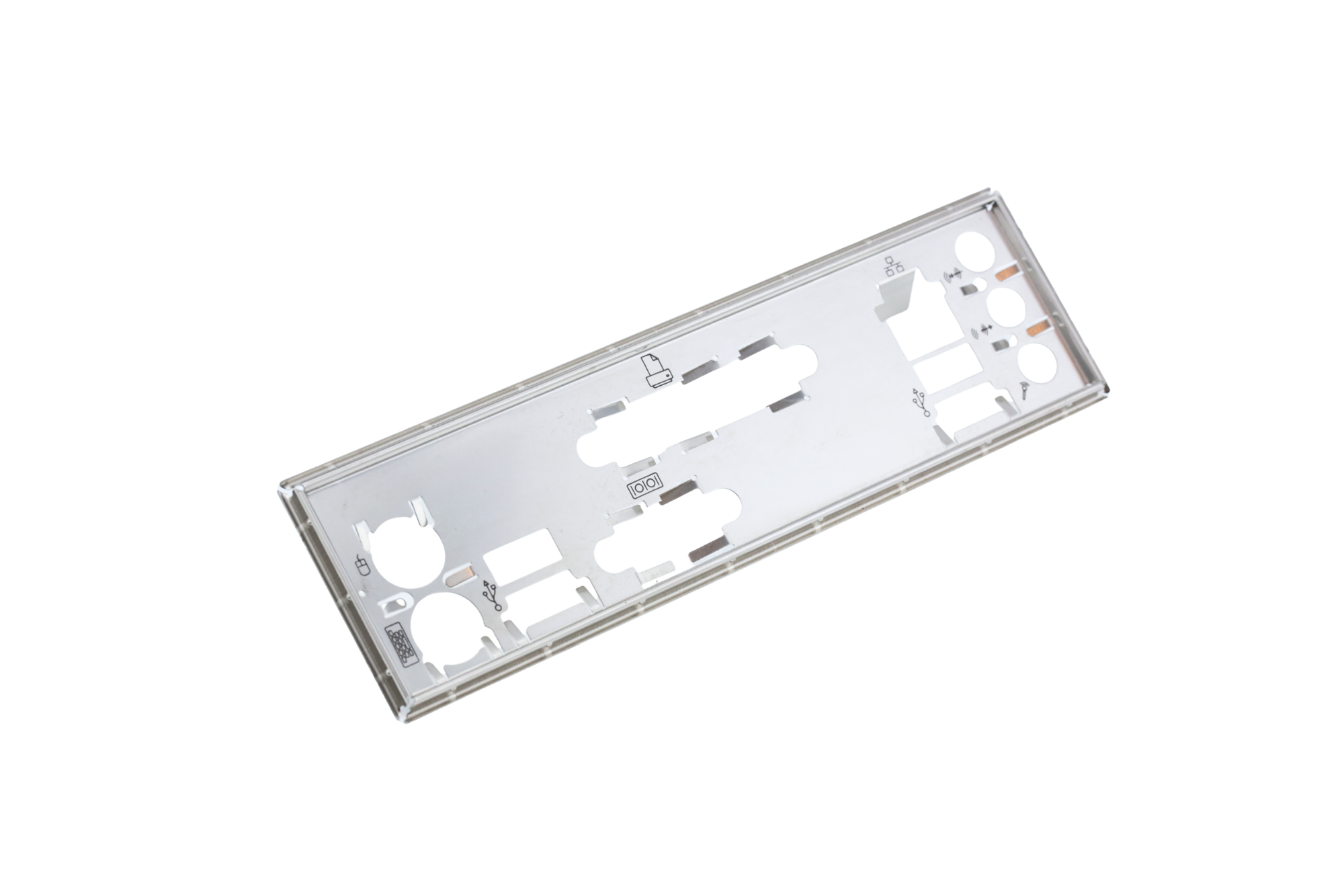 A metal component with holes and images for assembly.