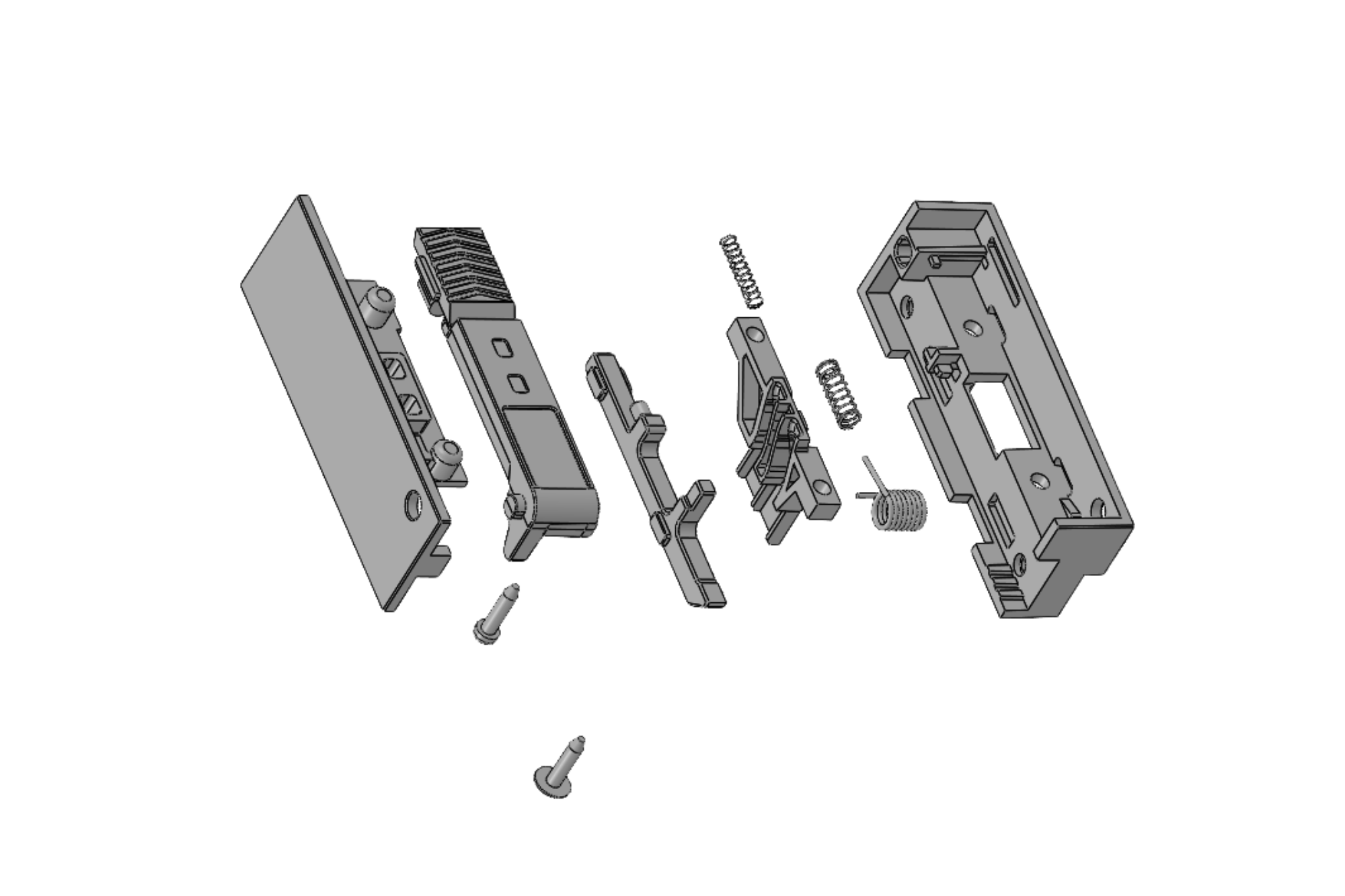 An illustration of a latch with each different component separated to show what it's made up of.